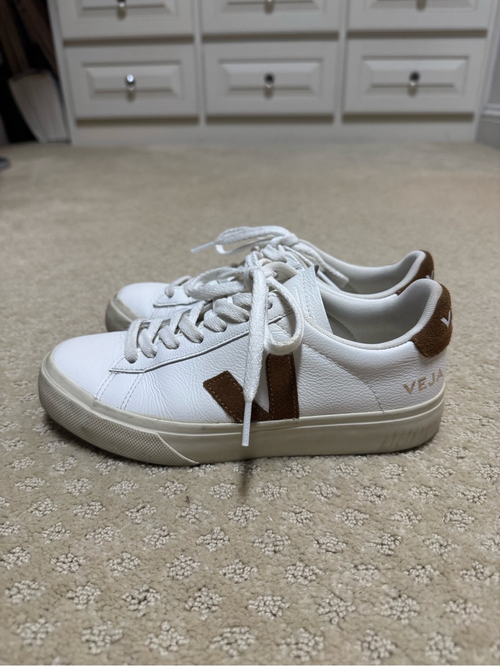 Veja Leather Low-Top Sneakers in White with Brown Accents